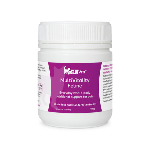 Front view of CellVra MultiVitality Feline daily cat supplement 100g
